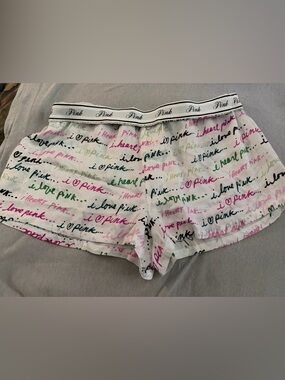 PINK Victoria's Secret White Script-Print Sleep Shorts with Pink & Green